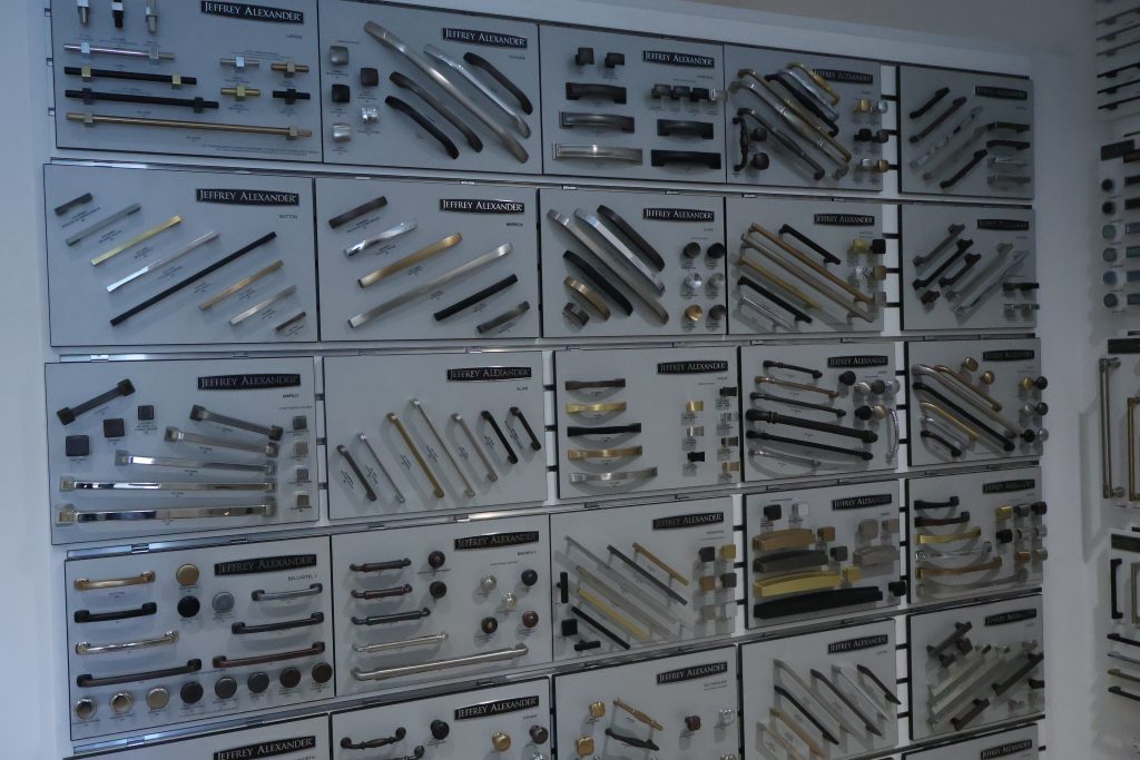 Cabinet hardware finishes on display in the CB Hardware showroom