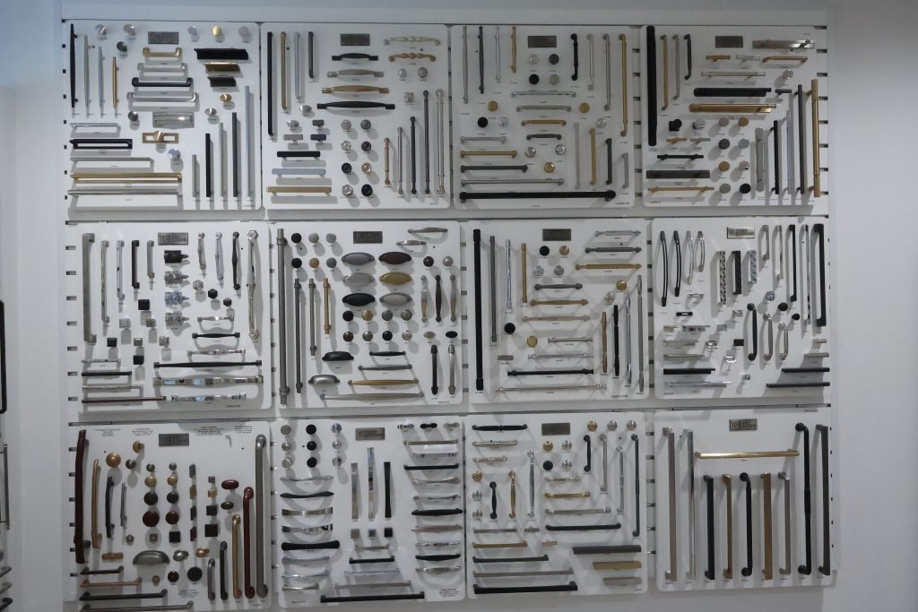 Cabinet pulls and knobs on display in the CB Hardware showroom