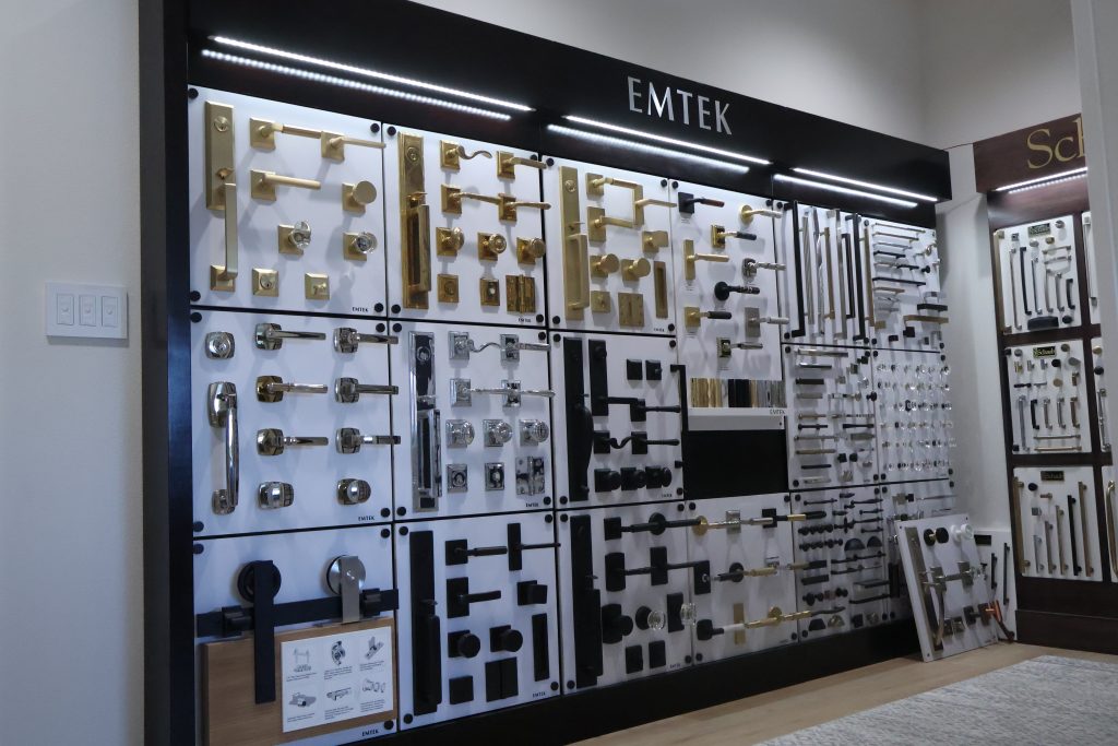 Emtek door hardware display in the CB Hardware showroom
